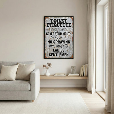 Toilet Etiquette Sign Canvas Wrapped Wall Art Rustic Vintage Style Bathroom Decor