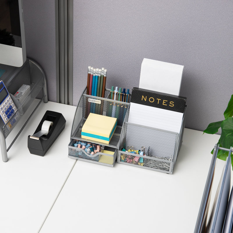 Silver Metal Mesh Multifunctional Desktop Organizer with 7 Compartments