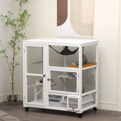 Indoor Wooden Catio, Cat House Cat Enclosure on Wheels with 3 Platforms, Hammock, Cat Flap & Openable Top, Luxury Kitty House for 2 Cats, White
