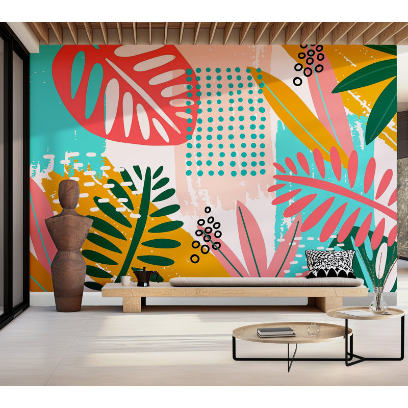 Murale pelez et collez de qualité supérieure - Abstrait feuillage tropical, L 210 po x L 144 po