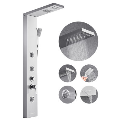 Shower Panel Tower System with Rainfall Waterfall Shower Head, 53 in Brushed Stainless Steel Shower Column, 5-Function Faucet, Wall-Mount Rain Massage System with 3 Body Jet, Handheld, Tub Spout