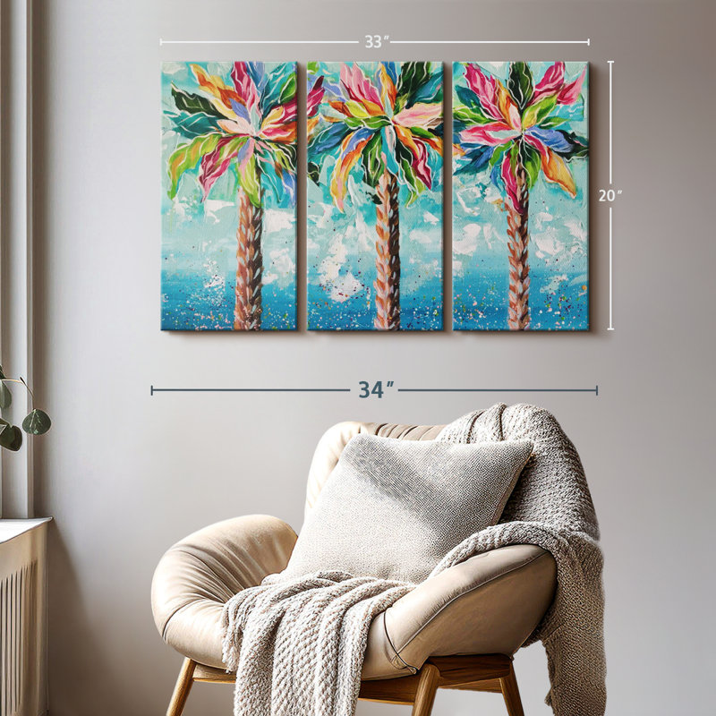 «Colorful Palms», 3 pièces sur toile, H 20 po x l 33 po x P 1,25 po