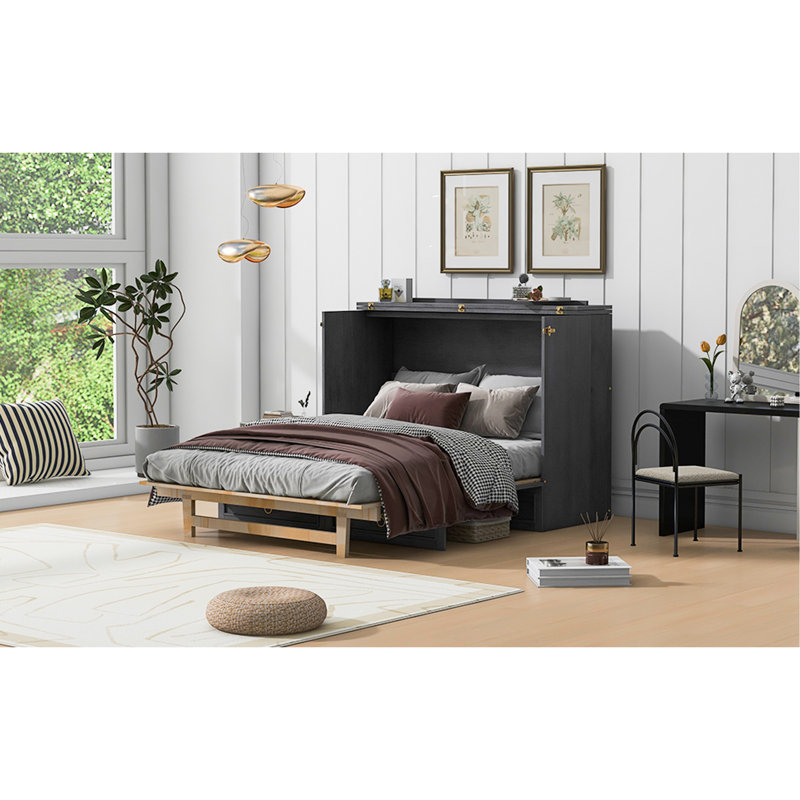 Drawer Murphy Bed Cabinet With Outlets, Full, Gray 2