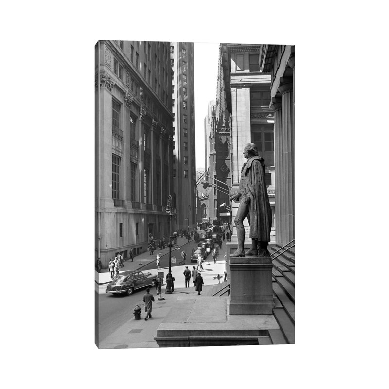 1950s Wall Street From Steps Of Federal Hall National Memorial Looking Towards Trinity Church In New York City USA - Wrapped Canvas Print