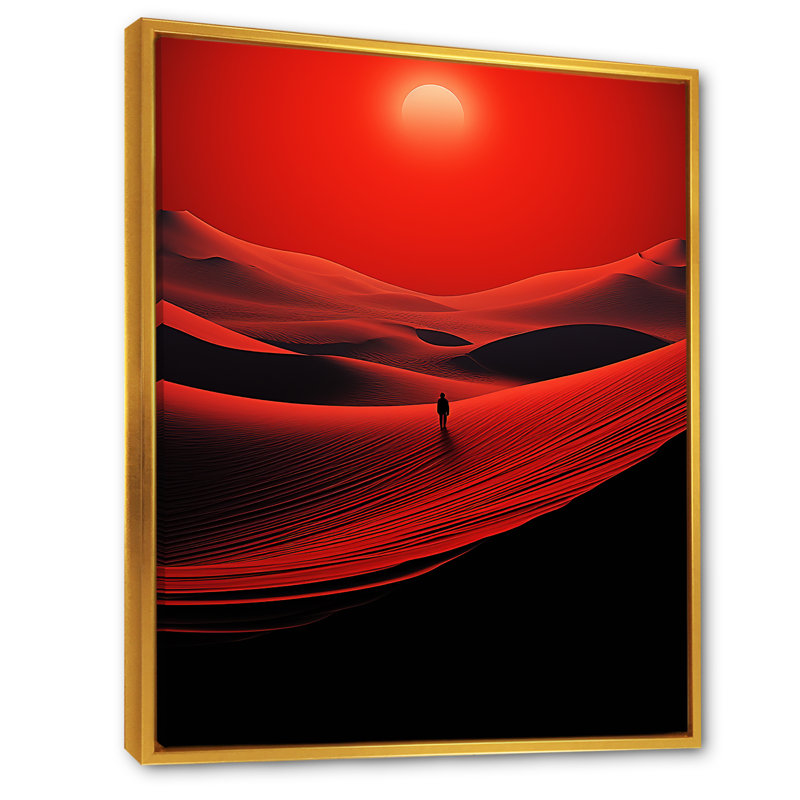 «Man Solitude In Red Arid Desert II» - art mural désert, H 40 po x l 30 po x P 1,5 po, Cadre flottant doré