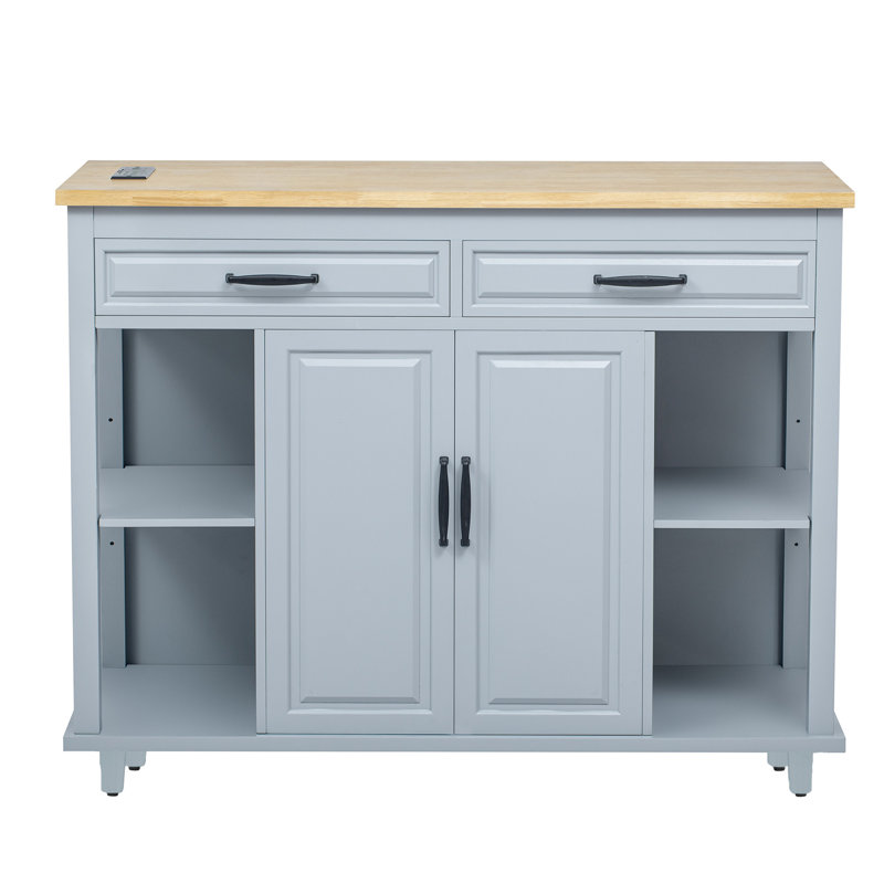 Kitchen Island With Rubber Wood Veneer, Extendable Table, 2 Drawers, Cabinets, Internal Storage Rack, Power Outlet, 6+2 Wheels, Mobile Design In Grey Blue, Ample Storage, Full - Extension Rail, Ac