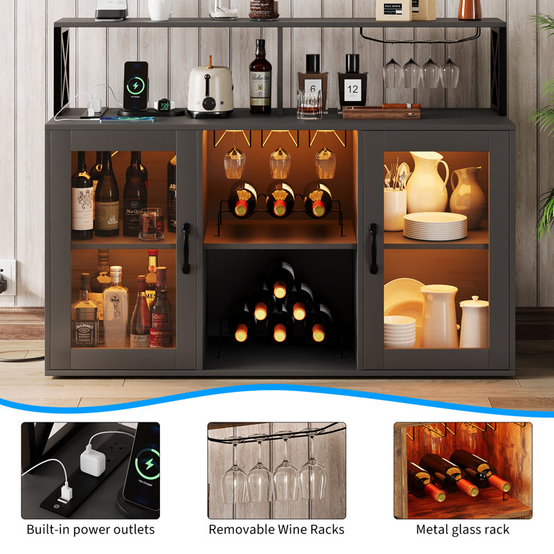 Modern LED Wine & Coffee Bar Cabinet with Power Outlets - Sideboard Buffet with Wine Rack, Glass Holder & Adjustable Shelves - Ample Storage for Dining Room, Kitchen, Living Room - Black