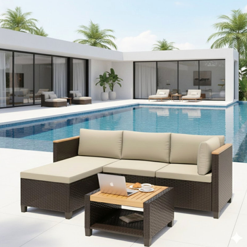 3-Piece L-Shaped Wicker Patio Set With Beige Cushions And Acacia Wood Storage Table, Beige