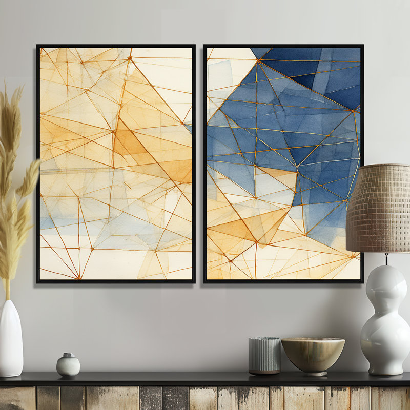Minimaliste bleu et or II - art mural moderne orange 2 panneaux, 36" H x 48" W, Impression encadrée flottante, Black