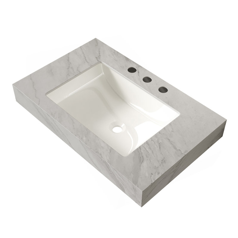 Vasque en céramique à poser et à encastrer sous plan, 76 cm (30 po), en pierre frittée veinée gris Carrara, avec 3 trous prépercés pour robinetterie standard. Meuble, robinetterie et couvercle de lavabo non inclus.