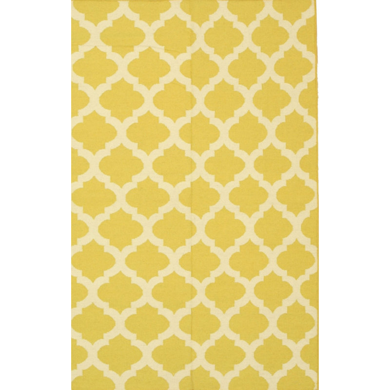 Flatweave Wool Geometric Area Rug, Gold/Orange/Yellow, Rectangle 5' x 8'