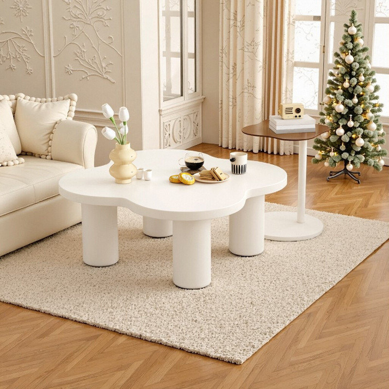 Ensemble de 2 tables basses: table basse en bois aggloméré 35,2 "en forme de pétale avec pieds à colonne romaine et table de bout en verre 17,2"