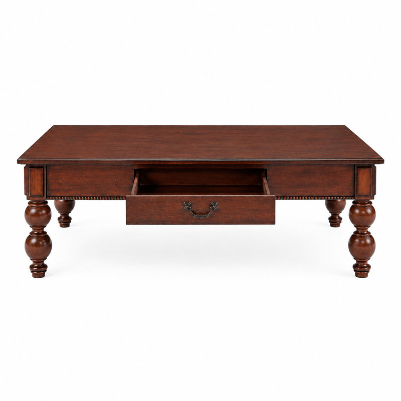 Table basse Vintage Farmhouse avec tiroir de rangement et pieds tournés en bois massif pour le salon, Noyer