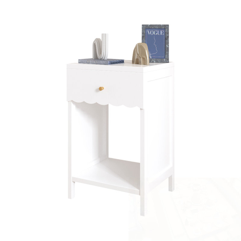 Modern Nightstand with Drawer and Open Shelf, Scalloped Edge Bedside Table for Bedroom, White