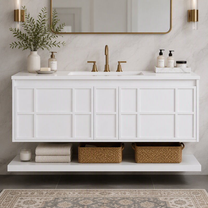 Armoire de salle de bain murale 48 po, meuble-lavabo flottant en panneau de fibres à densité moyenne avec 2 grands tiroirs et tablette inférieure ouverte, armoire de rangement peinte en blanc, conception sans poignée