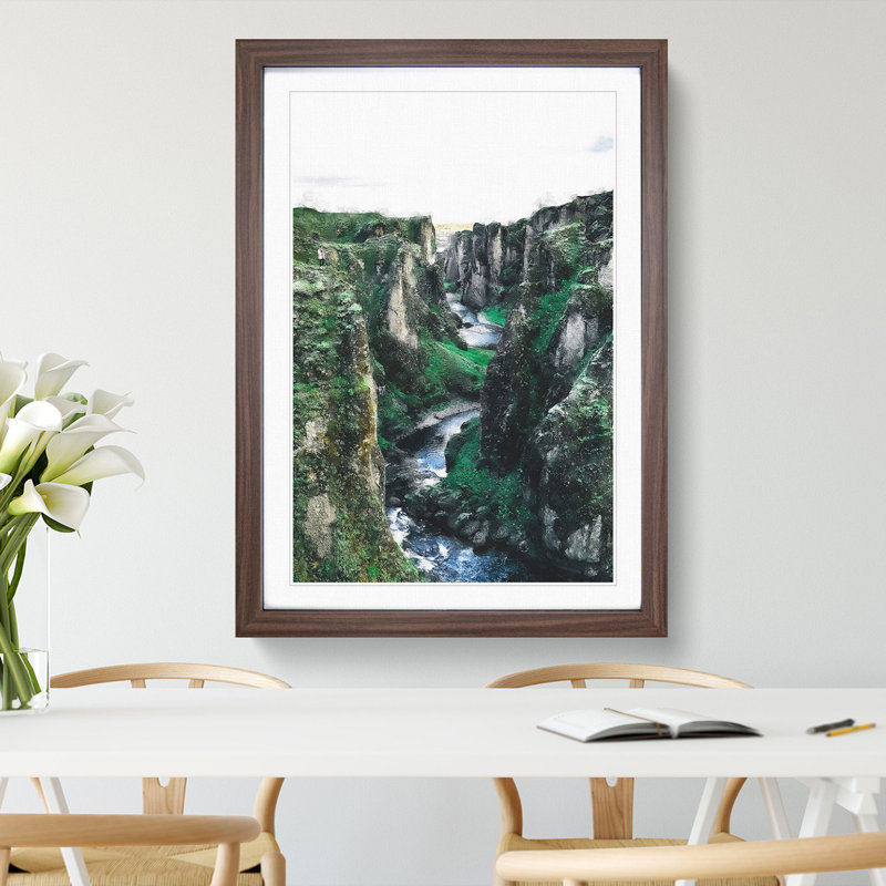 Mountain Canyon in Iceland - Picture Frame Painting, 36cm H x 27cm W x 2cm D, Walnut Framed