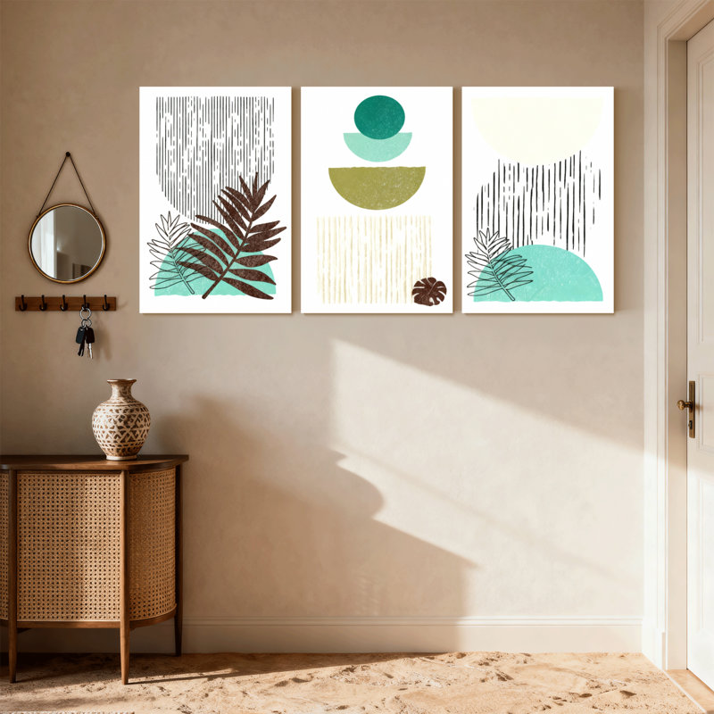 «Boho Contemporary Abstract Leaves Geometric Shapes», ensemble de 3 impressions sur toile, H 18 po x l 36 po