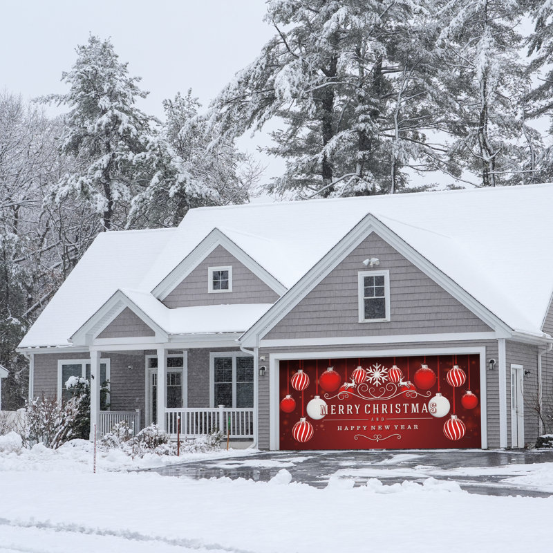 Bannière de Noël pour porte de garage double de 7 pi x 16 pi avec décorations rouges dans la neige - décorations des Fêtes pour l'extérieur