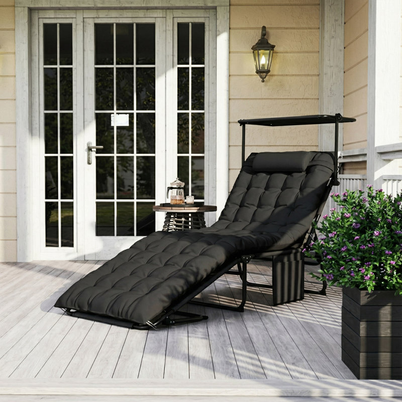 Chaise de bronzage pliante, chaise longue avec auvent, noir