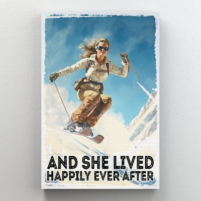 «Girl Skiing On Snow - And She Lived Happily Ever After», reproduction d'art graphique sur toile tendue 1 pièce