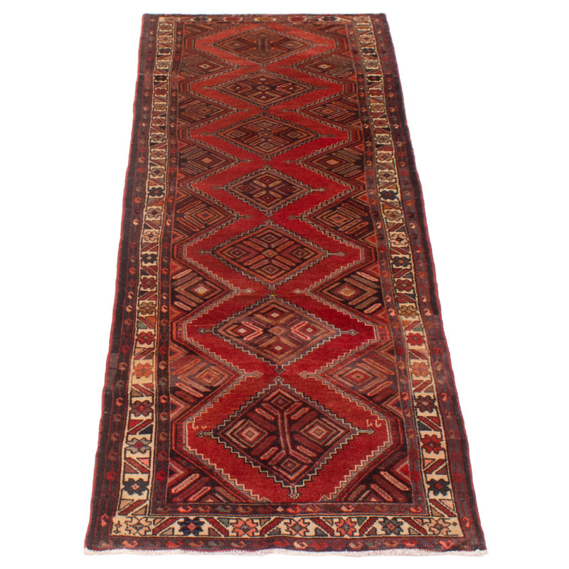 Tapis de couloir unique en laine noué à la main nouvel âge 3 pi 3 po x 10 pi 10 po Jesselee - rouge / crème / bleu marine foncé