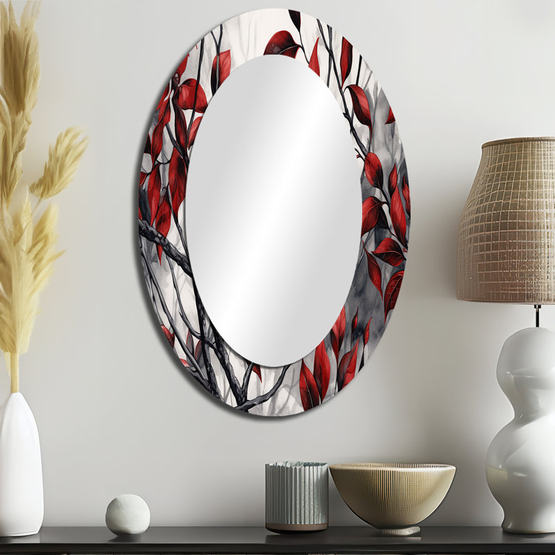 Miroir mural ovale rouge sur fond gris VI, 36 po x 24 po