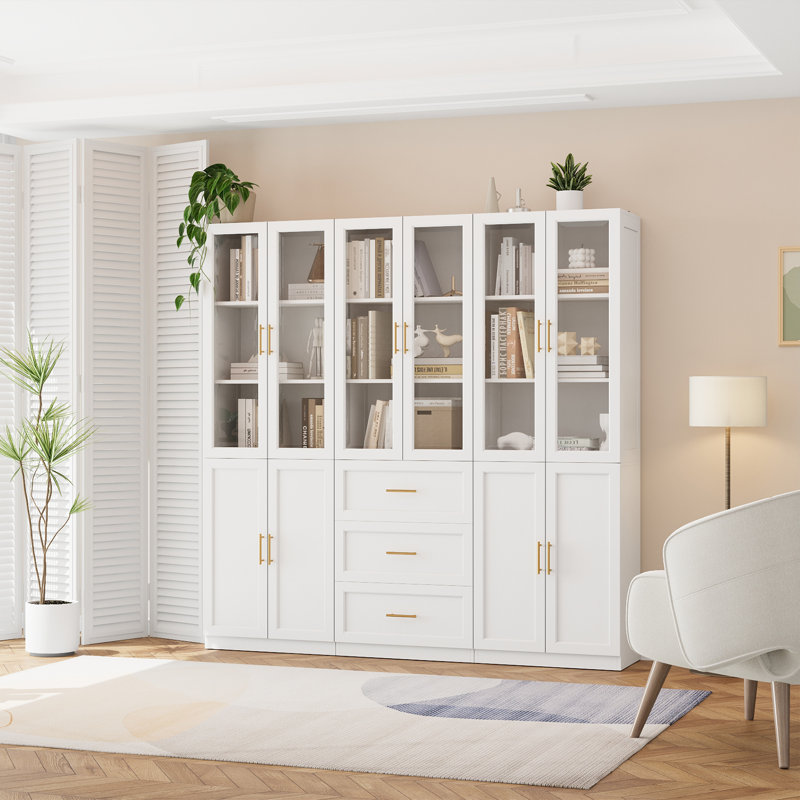 Glass Door Storage Bookcase with Adjustable Shelves and 3 Large Drawers, 71 Inches High, MDF