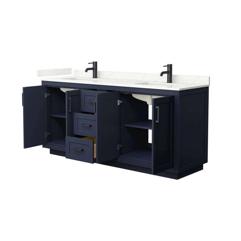 Meuble-lavabo double autoportant 72 po avec plateau en quartz Miranda, Giotto Quartz, Bleu foncé, Noir mat