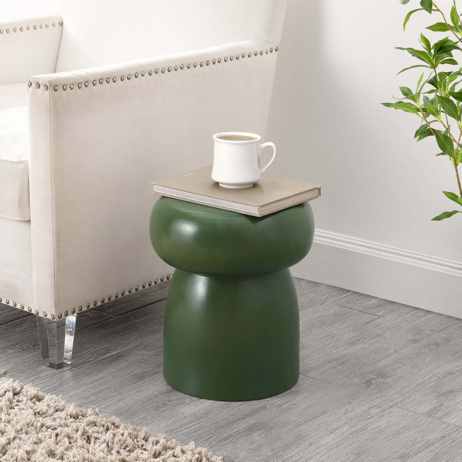 13" Ceramic End Table, Moss Green
