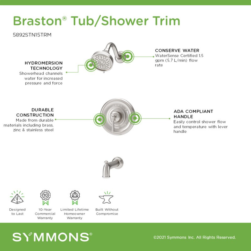 Braston HydroMersion Tub and Shower Faucet Trim Kit, Satin Nickel
