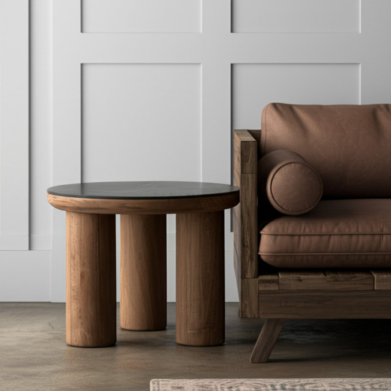  Table de bout ronde industrielle en bois recyclé brun et noir 18 po