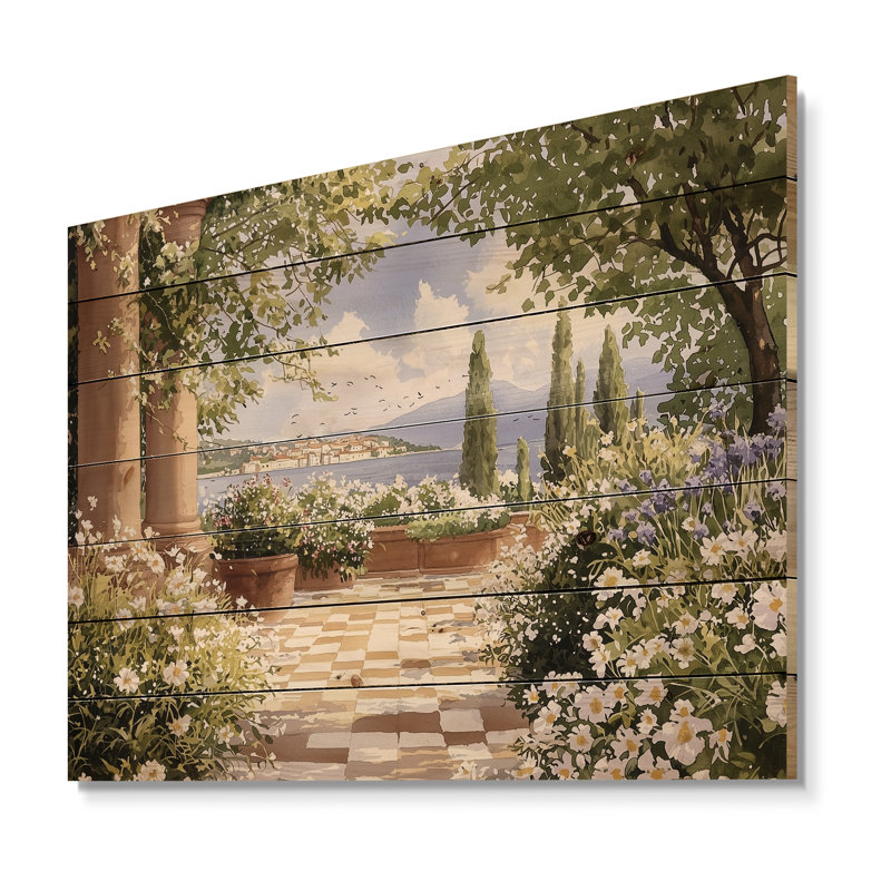 Serene Scenic Gardens In Italy I - Paysage traditionnel en bois, décoration murale sur bois de pin naturel, H 30 po x l 40 po