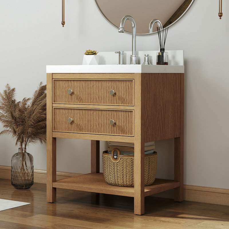 Meuble-lavabo simple en bois massif 28 po avec comptoir en quartz blanc Thassos Capri Capri, Chêne naturel, 28"