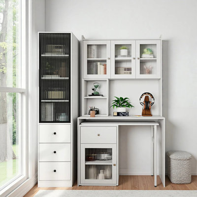 2 Peice Computer Desk And Tall Cabinet Set,L Shaped Home Office Desks ,Tall Cabinet With Storage Shelves, 3 Drawers,Glass Door