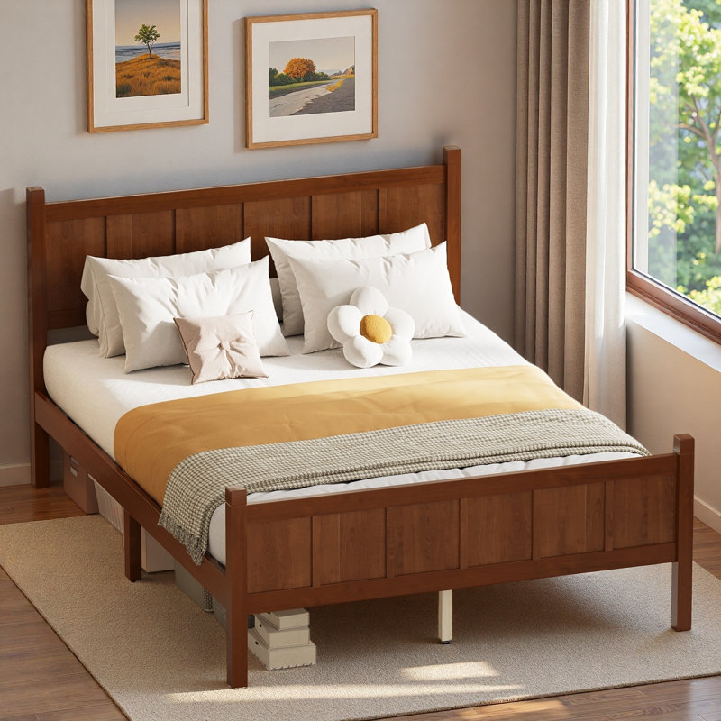Modern Platform Bed With Line Headboard And Sturdy Legs, Full, Dark Walnut