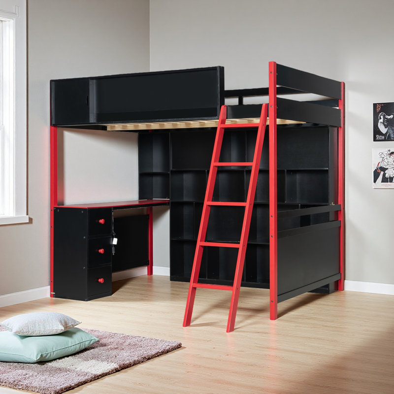Lit mezzanine double en bois avec bureau, grand espace de rangement et lumière, Rouge