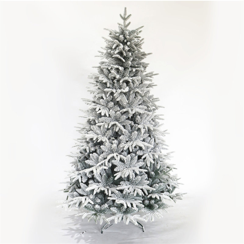 Snow Flocked Christmas Tree 7Ft Artificial Hinged Pine Tree With White Realistic Tips Unlit