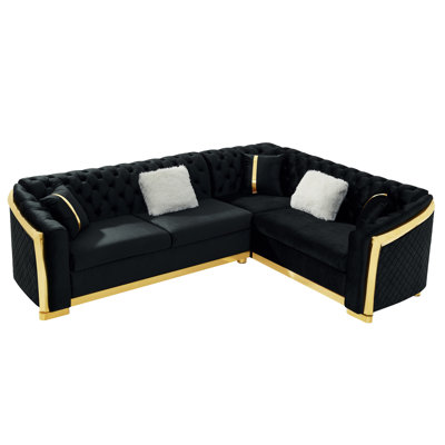 Black 106 Inches L-Shaped Sectional Couch, Gold Trim, Velvet Button , 5 - Seat, High Density Sponge And Independent Spring Cushions, Easy To Up, Contemporary Style , With Stainless Steel Accents,