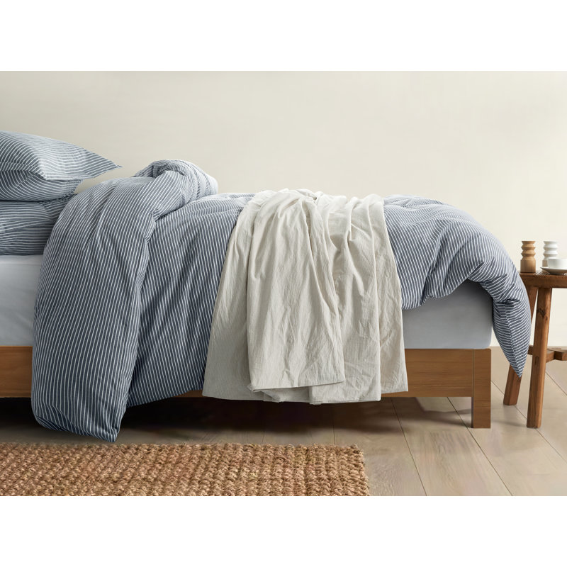 Allyssa Stonewashed Cotton Pinstripe Chambray Duvet Cover Set Relaxed Minimal Style Yarn Dyed Natural Classic Striped Pattern Allyssa
