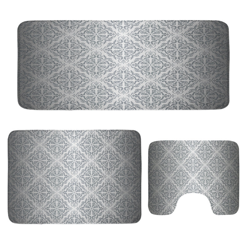 Grey Bathroom Rug Set 3 Pieces U-Shape & Rectangle Mats Grey Pale Grey