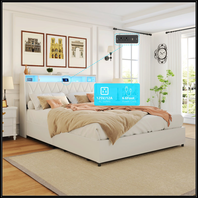 Cadre de grand lit ergonomique avec tête de lit, prises intégrées, chargeur, lumière DEL et tablette de rangement, sans bruit, aucun sommier tapissier requis