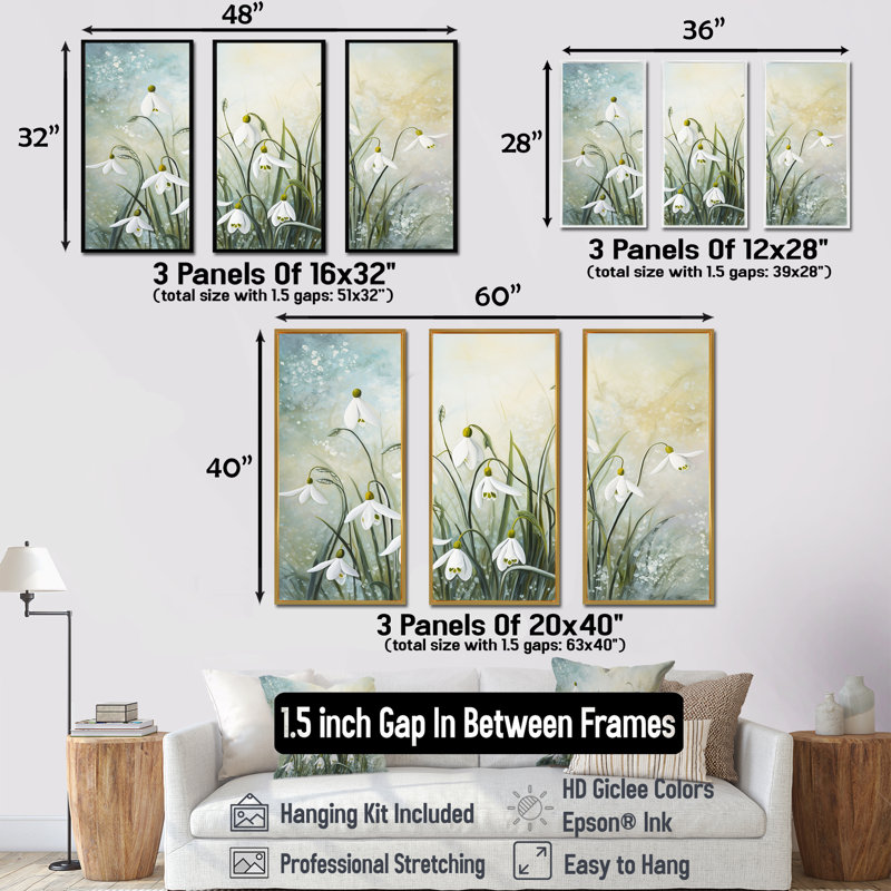 Farmhouse Snowdrops Bloom Charm - Ensemble d'art mural sur toile Snowdrops, Cadre naturel flottant