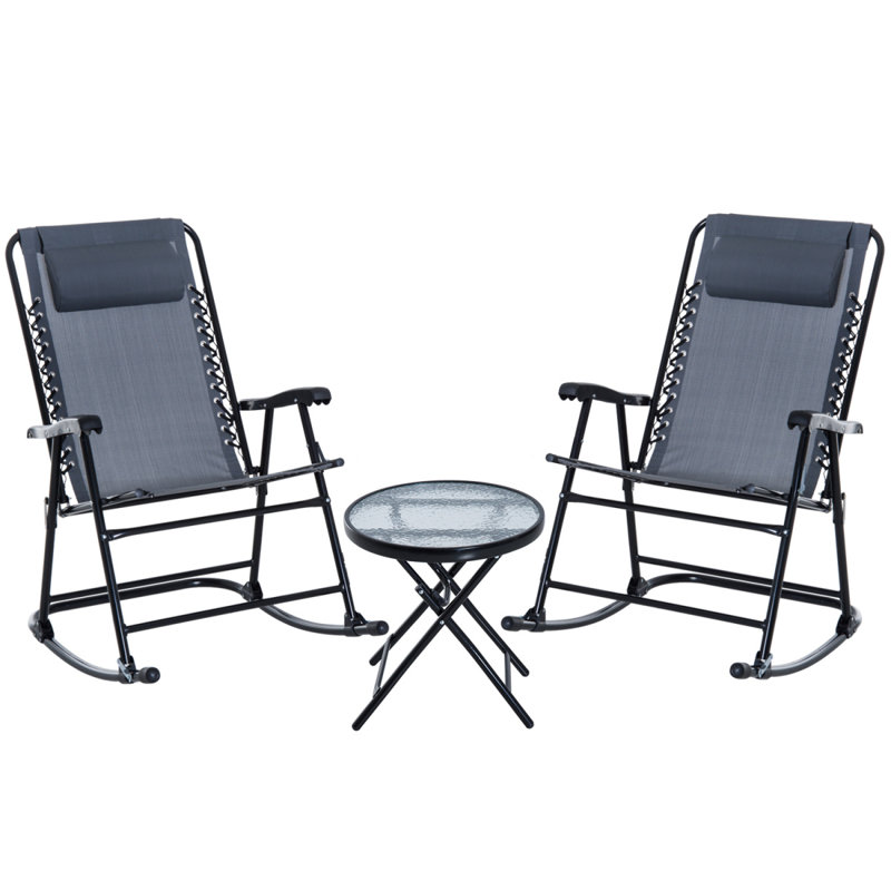 Ensemble bistro 3 pièces Outsunny, chaise pliante d'extérieur avec table basse en verre, Gris