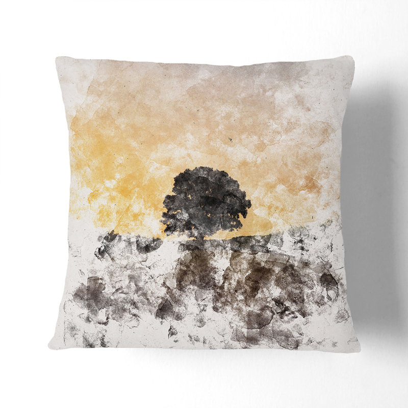 Lone Tree at Dusk Watercolour Cushion with Filling, 55cm H x 55cm W x 20cm D, Black