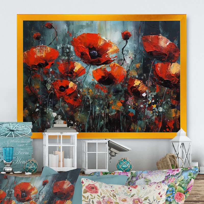 Pivoines rouges en fleurs sur impression métallique, H 16 po x l 32 po x P 1 po, Gold Picture Framed Canvas