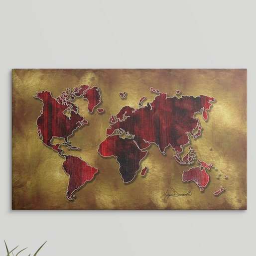 «Anjila World Map Red and Gold» par Megan Duncanson, impression, H 30 po x l 48 po x P 1,5 po, Toile