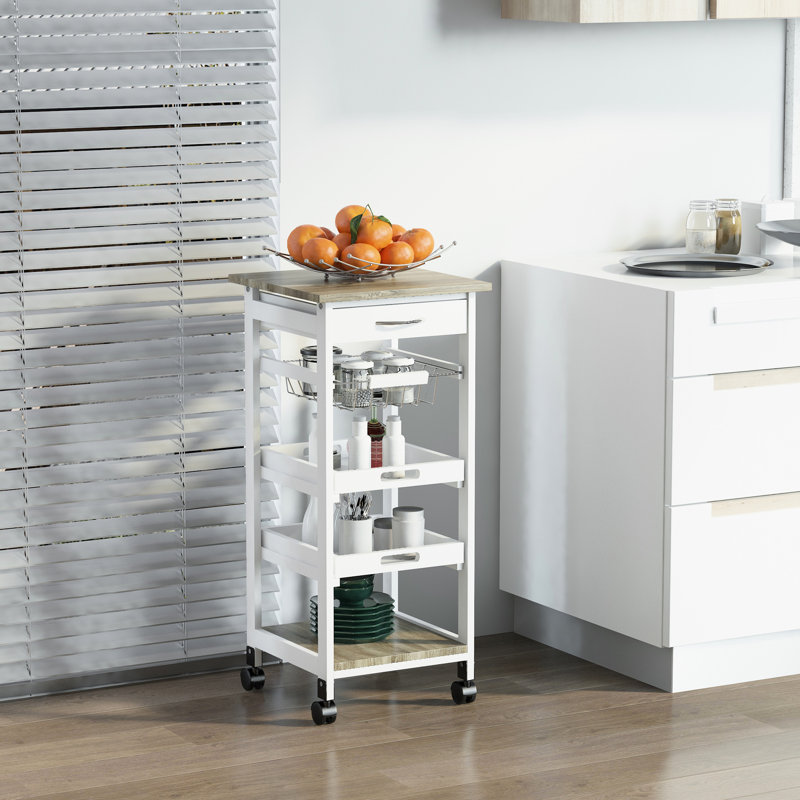 Chariot de cuisine blanc roulant avec ustensiles et vaisselle