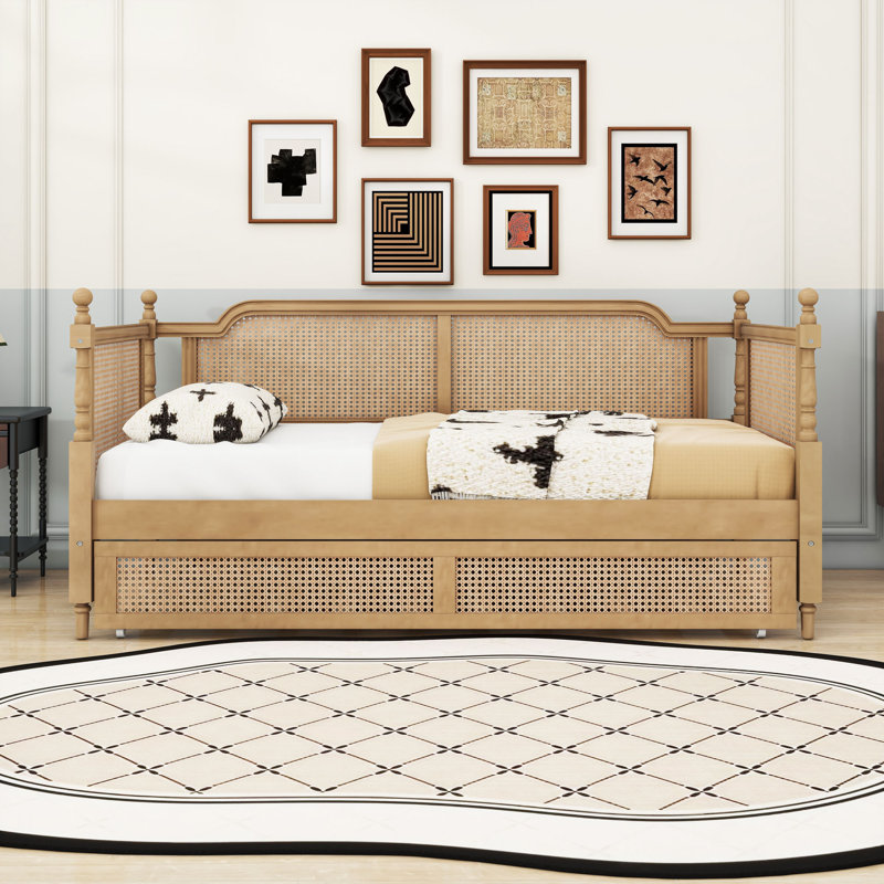 Lit de jour en rotin avec lit gigogne et lattes, Lit simple, Noyer antique