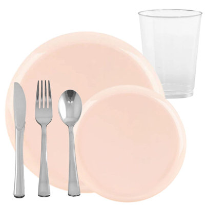 Chenier Elegant Pink Disposable 420Pcs Plastic Dinner Tableware COMBO Set for 60 Person Serving