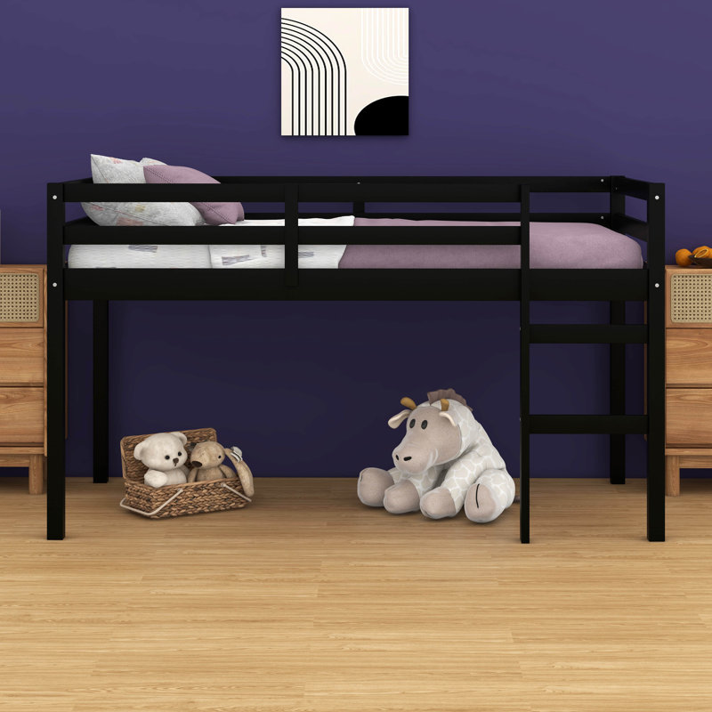 Twin Size Loft Bed – Ladder & Strengthened Slat Bed Platform, Black